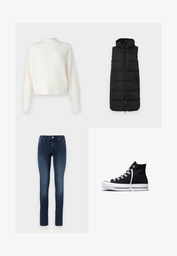 Gilet gonflé noir avec capuche, doté d'une fermeture éclair devant, de deux poches latérales et de sections matelassées horizontales pour l'isolation.; Pull en crème clair à côtes avec manches longues et col montant. Texture douce avec une coupe décontractée, présentant de légères lignes verticales.; Jean skinny bleu foncé en denim, avec un design classique à cinq poches, fermeture à bouton et un léger délavage au niveau des cuisses.; Baskets montantes en toile noire avec semelle en caoutchouc blanche et lacets blancs, vues de côté sur un fond blanc.