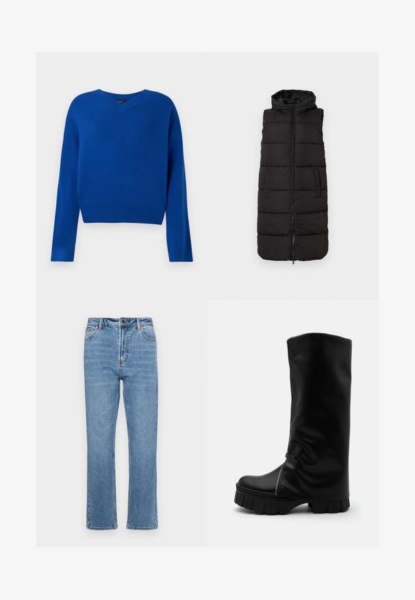 Gilet gonflé noir avec capuche, doté d'une fermeture éclair devant, de deux poches latérales et de sections matelassées horizontales pour l'isolation.; Pull en V, à manches longues, de couleur bleu vif, en tissu tricoté doux. Il présente un ourlet et des poignets côtelés, avec une coupe décontractée et des coutures minimales.; Jean en denim bleu clair avec une coupe droite, cinq poches, fermeture à bouton à l'avant et décoloration subtile sur le tissu.; Botte haute en cuir noir avec semelle épaisse et rainurée et fermeture éclair verticale sur le côté avant, sur un fond uni.