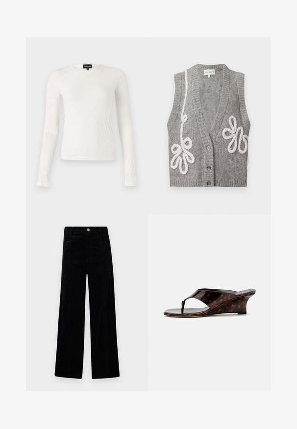 Cárdigan gris de punto sin mangas con escote en V profundo, tres botones y bordado floral blanco en bucle en los laterales frontales.; Top blanco de manga larga con un patrón texturizado y tejido. Cuello redondo y diseño ajustado. Tejido suave con un ligero brillo.; Pantalones de pana anchos de color negro con una superficie texturizada, que cuentan con bolsillos frontales y un detalle de botón plateado en la cintura.; Sandalia de cuña para mujer con estampado carey, puntera abierta y tira en forma de T, mostrada de lado sobre un fondo blanco.