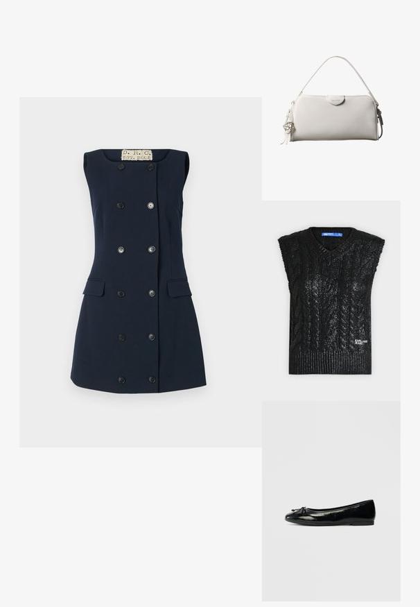 Zwarte kabelgebreide mouwloze sweater met V-hals en "Karl Lagerfeld Jeans" logo aan de onderzijde.; Navy mouwloze jurk met een getailleerde pasvorm, dubbele knoopsluiting, twee frontzakken en een platte kraag voor een gestructureerde silhouet.; Zwarte gepatenteerde leren balletschoenen met een ronde neus, decoratieve strikdetails en platte zool. Gladde textuur en minimalistisch ontwerp.; Witte rechthoekige Calvin Klein handtas met enkele handgreep, minimalistisch ontwerp en decoratieve kwastjes met geometrische metalen hanger aan de zijkant.