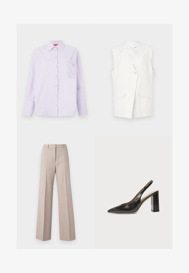 Ærmeløs hvid blazer i en blanding af linned, med en enkelt frontknap, notch-lapel og to frontlommer. Glat tekstur.; Lys lilla skjorte med knapper og lodrette striber, enkelt brystlomme og krave. Har lange ærmer med brede manchetter og et diskret logo.; Beige vide bukser lavet af et glat stof, med høj talje, forkantede folder og en skræddersyet silhuet.; Sort læder peep-toe slingback sko med høj blokhæl og beige indvendig foring mod en ensfarvet lys baggrund.