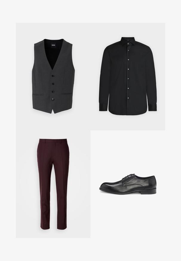 Gilet gris foncé à coupe slim, fermeture à cinq boutons, revers crantés et deux poches avant. Fabriqué en tissu texturé. Étiquette de marque : BOSS.; Chemise noire à manches longues avec boutons, col pointu et boutons blancs, présentée à plat sur un fond clair.; Pantalon bordeaux avec une coupe ajustée, un devant plat et une texture de tissu lisse, jambes droites sans ornements visibles.; Chaussure habillée noire en cuir à lacets avec une finition lisse, bout arrondi, peu de coutures, et une semelle plate en caoutchouc. Côté avec logo de la marque.