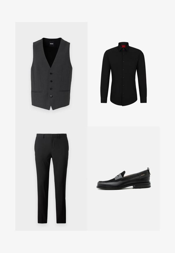 Donkergrijs vest met een slim fit, vijfknopen sluiting, notch revers en twee voorzakken. Gemaakt van een gestructureerde stof. Merkenlabel: BOSS.; Zwarte blouse met lange mouwen, knoopsluiting aan de voorkant, klassieke kraag en ronde onderkant; voorzien van zwarte knopen en een rood logo binnenin de kraag.; Op maat gemaakte zwarte broek van een gladde stof. Heeft een recht model, voorplooien en riemlussen voor verstelbare maat.; Zwarte leren loafer met grijs riemdetailelement, lage hak en gestructureerde zool, aan de zijkant gebrandmerkt met "HUGO" in goud.