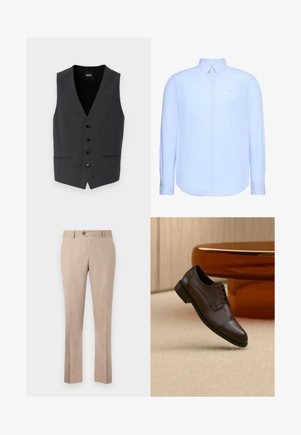 Tumehall vest, mis on slim fit lõikega, viie nööbiga sulgemisega, nurgeliste kraedega ja kahe esisekundiga. Valmistatud tekstuurist kangast. Brändi silt: BOSS.; Helehall sinine meeste pika varrukaga kleit-särk peente vertikaalsete triipudega, tavalise krae, nööpidega ees ning väikese tikitud logoga rinnal.; Beežid püksid on valmistatud kergest kangast, omad sirget lõiget, ühe nupu kinnituse ja kaks eesmist taskut.; Tumepruun nahast Oxfordi king kapiga varrega hõljumas beeži vaiba kohal, taustal merevaigu ovaalne kohvilauake.