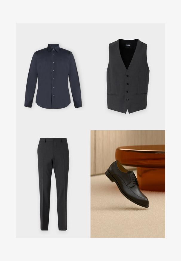Gilet gris foncé à coupe slim, fermeture à cinq boutons, revers crantés et deux poches avant. Fabriqué en tissu texturé. Étiquette de marque : BOSS.; Chemise habillée pour homme à manches longues, bleu marine foncé, boutonnée, col pointu et poignets boutonnés sur fond gris clair.; Pantalons tailleur gris foncé avec une texture lisse, coupe slim, devant plat et passants de ceinture, conçus pour une tenue formelle ou professionnelle.; Chaussure habillée en cuir noir à lacets flottant au-dessus d'un tapis beige, avec une table ronde orange en arrière-plan.