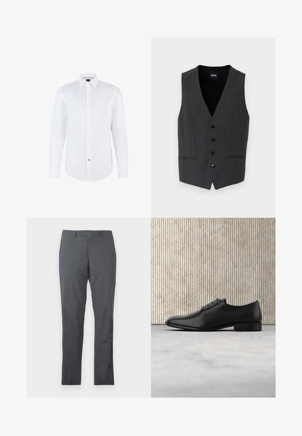 Mørkegrå vest med slim fit, fem knaplukninger, notch-lapel og to forlommer. Fremstillet af et tekstureret stof. Mærke: BOSS.; Hvid langærmet skjorte lavet af glat stof med knaplukning foran, spidse kraver og buet kant. Bemærkelsesværdig knap med logo.; Grå dressbukser med et glat, struktureret stof. Slim fit design, flad front og ingen synlige udsmykninger eller lommer.; Sorte læderdressko med et elegant design, rund tå, fem snøre-læseøjer og en lille hæl. Diskret prægede logo-detaljer.