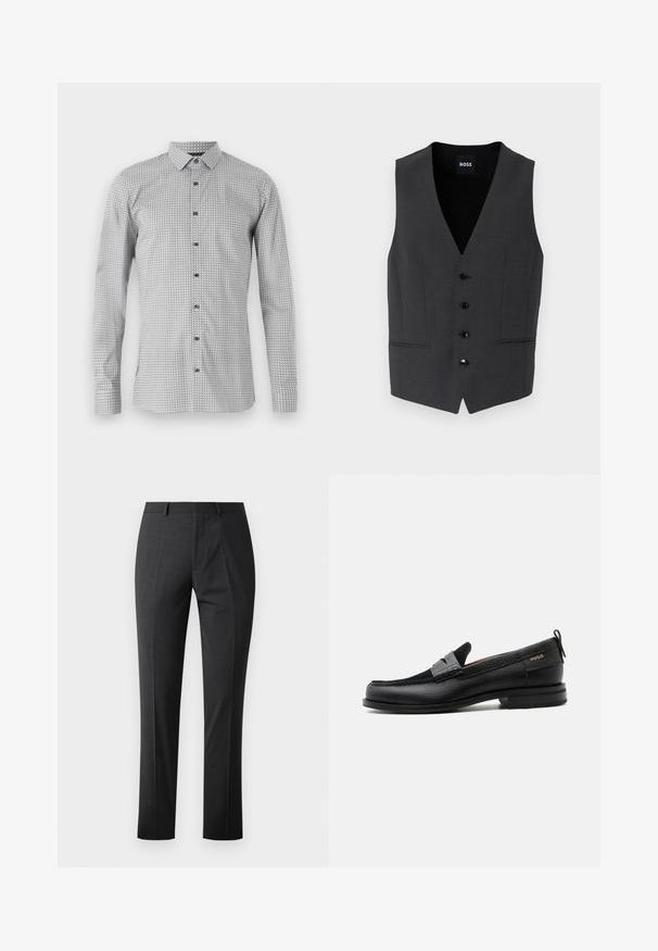 Tumehall vest, mis on slim fit lõikega, viie nööbiga sulgemisega, nurgeliste kraedega ja kahe esisekundiga. Valmistatud tekstuurist kangast. Brändi silt: BOSS.; Pikkade varrukatega valge ja must särgiga, millel on geomeetriline muster, nööbitav eesmine osa ja klassikaline krae. Kerge kangas sujuva tekstuuriga.; Kohandatud tumedast hallist kangast püksid, millel on sile tekstuur, kitsas sobivus, lame eesosa ja tavaline vöökoht. Omab pressitud voldaid ning pole nähtavaid mustreid.; Must nahast loafer halli rihma detailiga, madala kand ja tekstuurse tallaga, külgedel kuldse "HUGO" brändiga.