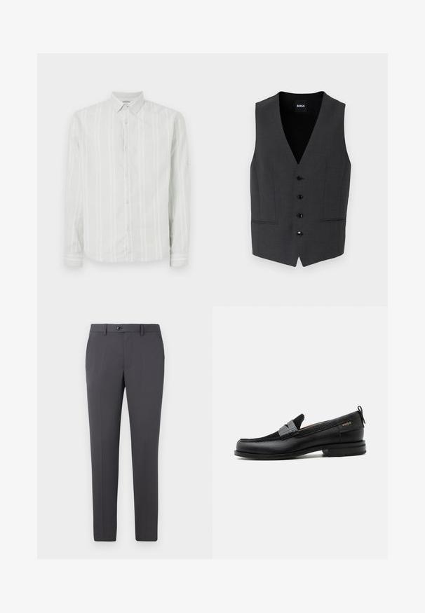 Tummanharmaa liivi, jossa on slim fit -leikkaus, viiden napin kiinnitys, sakarat ja kaksi etutaskua. Valmistettu teksturoidusta kankaasta. Brändilogo: BOSS.; Vaalea harmaa pitkähihainen paita, jossa on valkoisia pystysuoria raitoja, napitus edessä ja klassinen kaulus. Hihansuissa on nappidetailit.; Harmaat housut, jotka on valmistettu sileästä kankaasta, suoralla leikkauksella, nappisuljennalla, vyölenkeillä ja sivutaskuilla. Yksinkertainen ja toiminnallinen muotoilu.; Musta nahkalesti harmaalla remmikoristeella, matala korko ja teksturoitu pohja, sivustalla kullanvärisellä "HUGO"-brändillä.