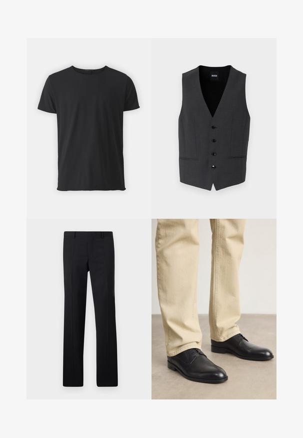 Chaleco gris oscuro de corte ajustado, con cierre de cinco botones, solapas de muesca y dos bolsillos frontales. Fabricado en una tela texturizada. Etiqueta de la marca: BOSS.; Camiseta de manga corta negra, hecha de algodón suave, con un cuello redondo clásico y una textura suave, con un corte recto.; Pantalones negros ajustados con un diseño de pierna recta, pliegues marcados y un acabado suave. Fabricados en tejido ligero con una cintura limpia.; Zapatos de cuero negro con cordones, puntera redondeada, acabado suave y sutiles detalles de costura, combinados con pantalones de color beige claro.