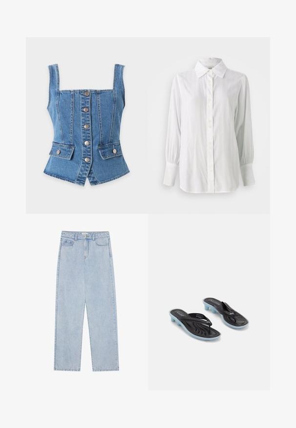 Blaue ärmellose Jeansweste mit vorne Knöpfen und zwei Klappentaschen auf weißem Hintergrund.; Weißes Button-Down-Hemd mit vertikalen Streifen, langen Puffärmeln und klassischem Kragen. Verfügt über eine Reihe von fünf Knöpfen auf der Vorderseite.; Helles blau, hoch taillierte Denim-Jeans mit geradem Bein, fünf Taschen und sichtbaren Nähten. Material hat eine klassische Waschtextur.; Schwarze und blaue Puma-Slide-Sandalen mit niedrigen Blockabsätzen und Zehenriemen auf einem weißen Hintergrund.