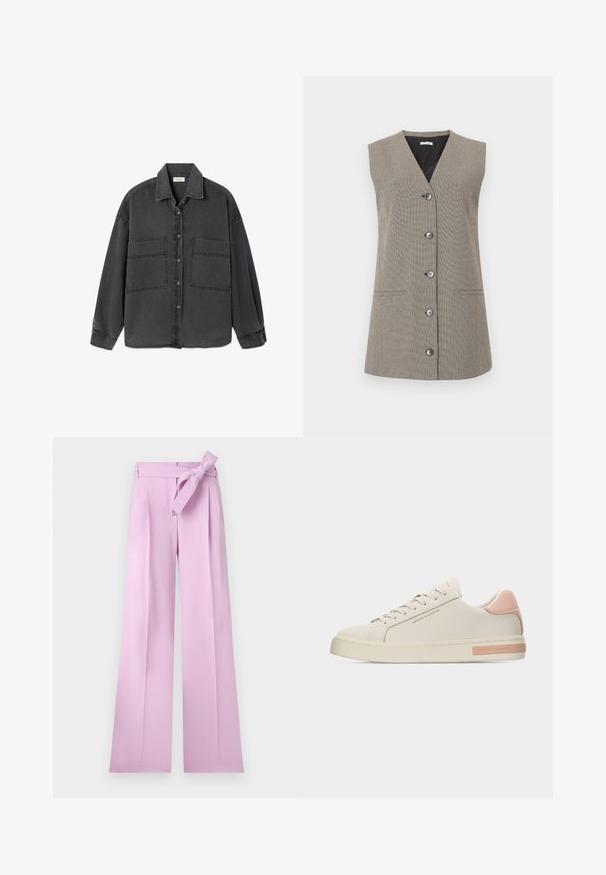 Ærmeløs beige vest med knapper, V-hals, sidelommer og et subtilt tekstureret mønster på en ensfarvet baggrund.; Mørkegrå denimjakke med knapper, to store forlommer og klassisk krave, vist fladt på en hvid baggrund.; Lyselavendel bukser med høj talje og brede ben, med folder og et matchende stofbælte bundet i en sløjfe i taljen.; Lavtop hvid sneaker med lyserød hælkile, hvide snørebånd og Armani Exchange-logo på siden og sålen.