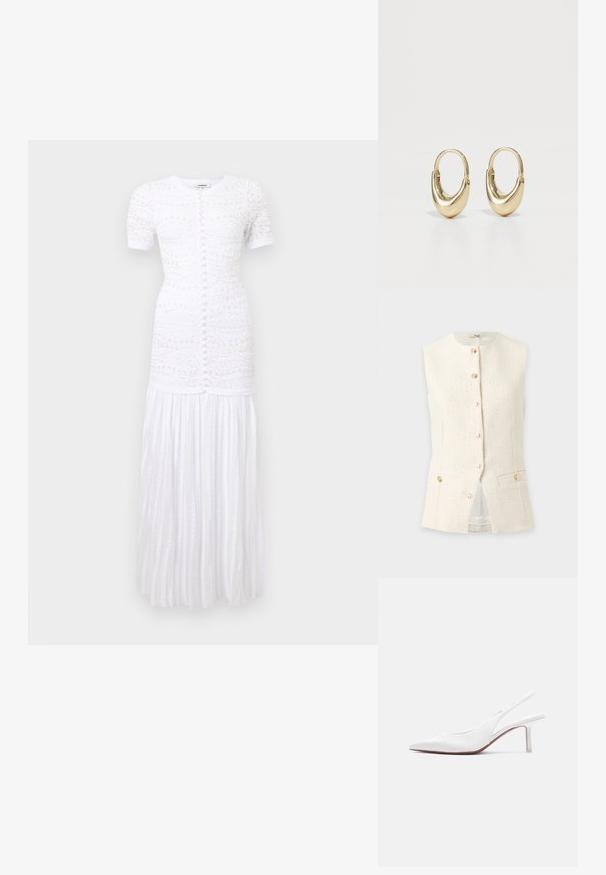 Gilet crème texturé sans manches avec encolure ronde, boutons dorés à l'avant et deux poches boutonnées à la taille.; Robe maxi blanche à manches courtes avec fermeture à boutons à l'avant, broderie florale texturée sur le corsage, et détails de jupe plissée.; Chaussure pour femme en cuir blanc avec bride arrière, bout pointu, petit talon kitten bas et petit nœud décoratif sur le dessus, vue de profil latéral.; Boucles d'oreilles en or en forme de tube courbé. Surface lisse et brillante avec une fermeture à charnière sans soudure. Design simple et élégant.
