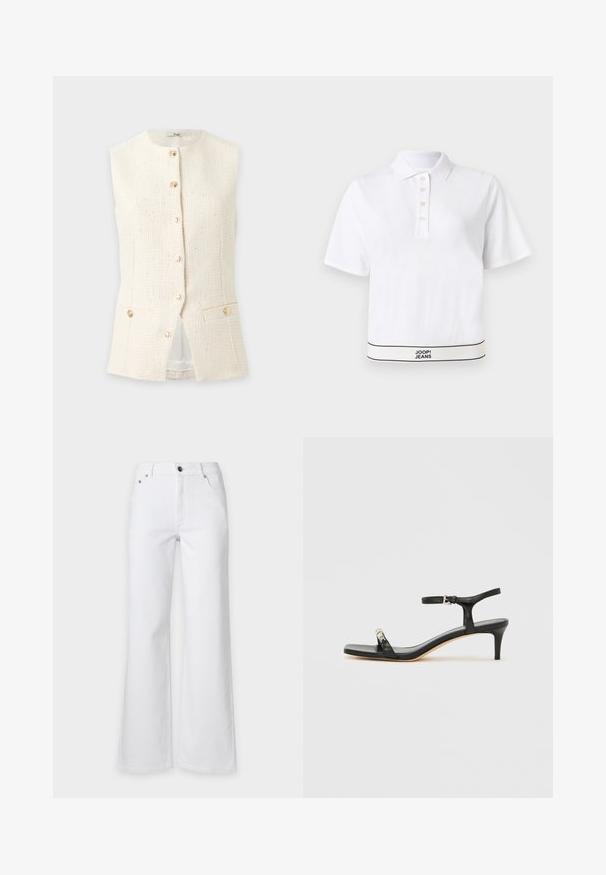 Chaleco sin mangas de color crema con textura, escote redondo, botones dorados en el frente y dos bolsillos con botones en la cintura.; Polo blanco de manga corta con cuatro botones y dobladillo con ribete negro con el texto "JOOP! JEANS" en el centro inferior.; Vaqueros blancos de cintura alta con cierre de botón y cremallera, bolsillos delanteros y piernas anchas.; Sandalia de tacón de cuero negro con correa en el tobillo, punta abierta, frente cuadrado y detalle en hardware plateado. Diseño ajustado con un perfil elegante.