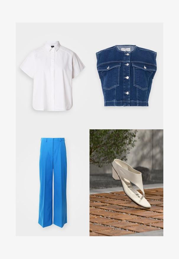 Mørkeblå denimvest med rund udskæring, ærmeløst design, fire frontlommer og sølvknapper foran.; Hvid kortærmet skjorte med knaplukning, spidse kraver og buet nederste kant. Lavet af bomuld med en glat struktur og uden synlige mønstre.; Lyseblå bredbensbukser lavet af glat stof, med høj talje og dobbelte folder, sportende bæltestropper og uden synligt hardware.; Hvid læderhæl sandal med bred rem og tåpost, vist udendørs på en overflade med træ og grusfliser med grønt i baggrunden.