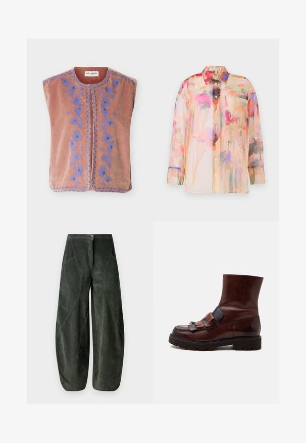 Ärmeløs støvet rosa velourvest med lilla blomsterbroderi og rund halsudskæring, med åbning foran og pyntet kant.; Gennemsigtig bluse med lange ærmer i pastelfarver med et blomster-vandfarvemønster, der har en krave, forreste knapper og en brystlomme.; Videbenede bukser i mørkegrøn kordfarvet stof med knaplukning og skrå sidelommer med en struktureret, ribbet mønster.; Mørkebrun læderankelstøvle med chunky sort sål, frynser og remdetalje foran samt glat rundet tå.