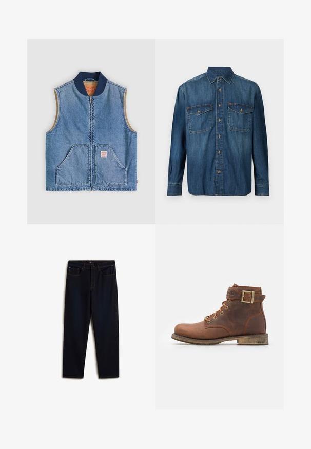 Ærmeløs lys blå denimvest med lynlås foran, to skrånende lommer, marineblå krave og beige inderfor.; Denim langærmet skjorte med knapper, to brystlommer og knaplukning ved manchetterne i en medium blå vask.; Vans Jeans Relaxed Fit - dark blue; Harley Davidson VNTGMOTO SHORT RIDING APPROVED - Cowboy- / bikerstøvlette - brown