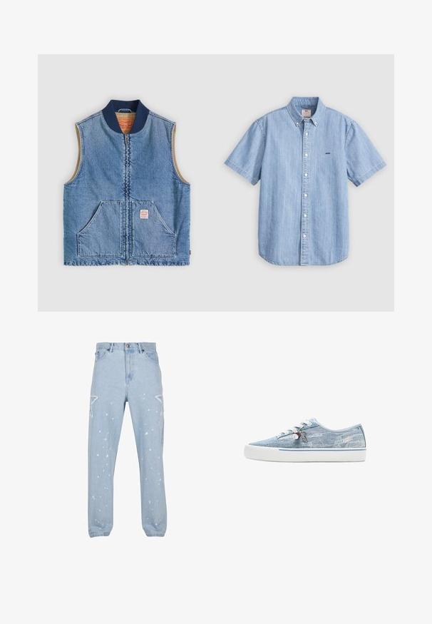 Ærmeløs lys blå denimvest med lynlås foran, to skrånende lommer, marineblå krave og beige inderfor.; Lyseblå denim kortærmet skjorte med knappestolpe og knapper foran, samt en lille logo på venstre bryst. Glat tekstur.; Lysblå denim jeans med en afslappet pasform, der har stjerneformede udsparinger, malersplatter og et klassisk fem-lomme-design.; Lavtopet sneaker i lyseblåt denim med hvid gummisål, hvide snørebånd og dekorative charms, der hænger fra de sideplacerede snørehuller.