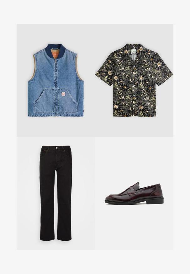 Ærmeløs lys blå denimvest med lynlås foran, to skrånende lommer, marineblå krave og beige inderfor.; Sort kortærmet skjorte med knapper og stor hvid og gul blomsterprint med grønne bladdetaljer.; Sorte lige ben jeans lavet af bomuld. Har fem lommer, en metalknap og orange syninger fortil.; Bordeaux læder loafers med en glat finish, rektangulær frontdetalje og en afrundet tå, med en sort gummisål.