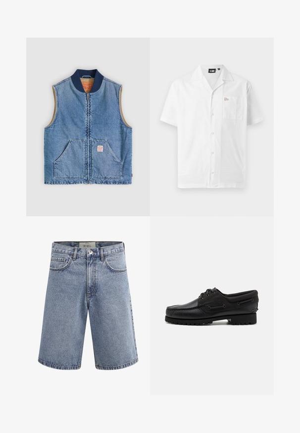 Mouwloos lichtblauw denimvest met ritssluiting aan de voorkant, twee schuine zakken, marineblauwe kraag en beige voering.; Witte korte mouwen shirt van gladde stof; heeft een puntige kraag, knoopsluiting en een linkerkant borstzak met logo detail.; Lichtblauwe denimshorts met voorzakken, riemlussen, knoopsluiting en een label aan de binnenkant van de tailleband met de tekst "REBEL".; Zwarte schoen met een leren bovenzijde, textiele accenten, ronde veters en een getextureerde rubberen zool. Voorzien van mocassin-stiksel en merkdetails.