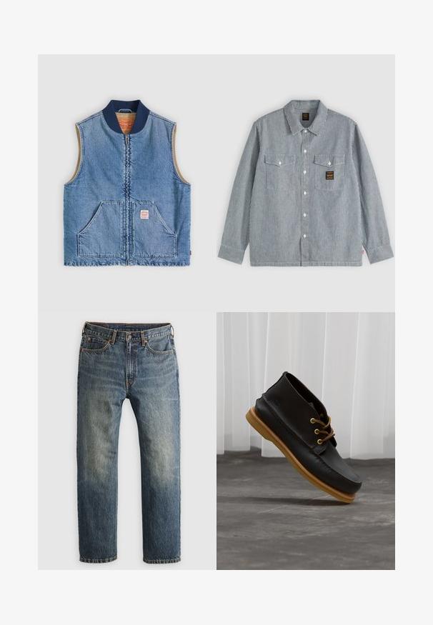 Ærmeløs lys blå denimvest med lynlås foran, to skrånende lommer, marineblå krave og beige inderfor.; Langærmet skjorte med knapper og tynde lodrette sorte og hvide striber, to forlommer med klapper og et lille sort mærke på højre lomme.; Blå, falmede lige ben denim jeans med forlommer, bæltestropper, knap og lynlås lukning på en lys baggrund.; Sorte lædersko med en glat overflade, rund tå, brune snørebånd og lysebrune gummisåler. Logo præget på siden.