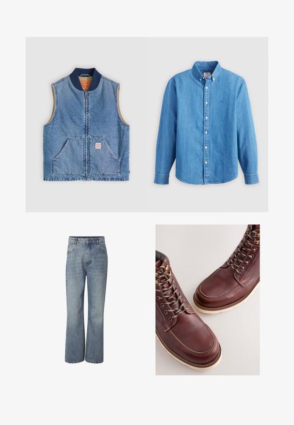 Chaleco sin mangas de mezclilla azul claro con cremallera frontal, dos bolsillos inclinados, cuello azul marino y forro interior beige.; Camisa de mezclilla azul claro con mangas largas, cuello abotonado y botones blancos. Presenta un pequeño logo bordado en el pecho.; Vaqueros de denim azul de cintura alta con piernas anchas, cierre frontal con botones, trabillas para cinturón y bolsillos delanteros y traseros.; Botas de cuero marrón con un acabado suave, con ojales metálicos, cordones grises y suela de goma color crema. Detalle de costuras a lo largo de los bordes.