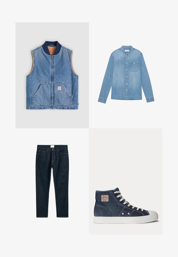 Ærmeløs lys blå denimvest med lynlås foran, to skrånende lommer, marineblå krave og beige inderfor.; Lys blå denim skjorte med knapper, lange ærmer, spids krave, en enkelt brystlomme og subtil falmning på stoffet.; Mørkeblå denim jeans, lige pasform, med fem lommer, knaplukning og kontraststikninger. Glat tekstur med et klassisk design.; Marineblå højtop-sneaker med hvide snørebånd, hvid gummisål, metaløjer og et lille beige mærke på ankelen.
