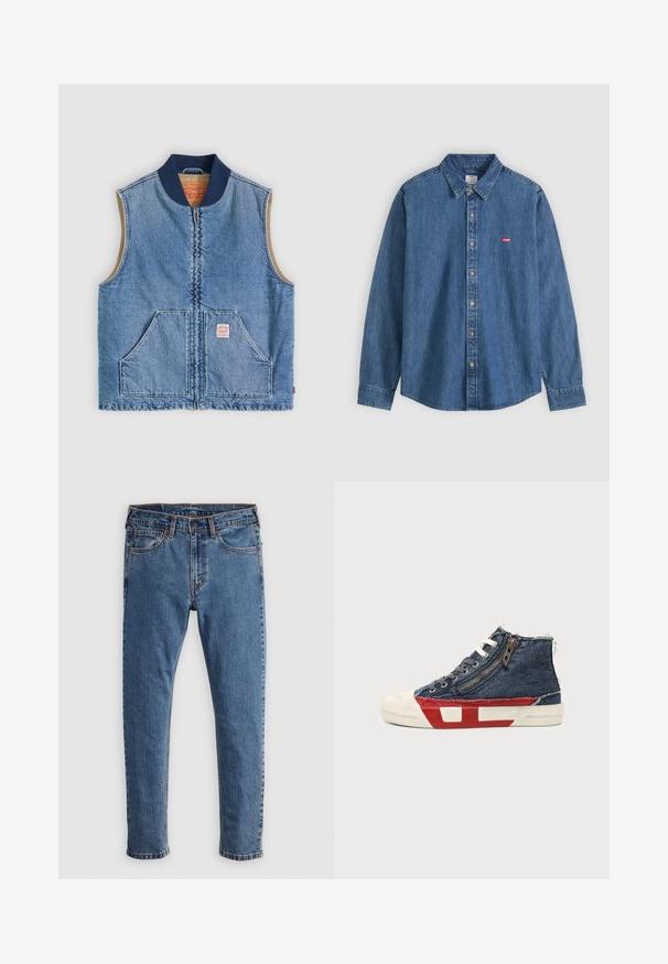 Chaleco sin mangas de mezclilla azul claro con cremallera frontal, dos bolsillos inclinados, cuello azul marino y forro interior beige.; Camisa vaquera azul de manga larga con cuello y botones beige, con un pequeño logo rojo de Levi's en el pecho izquierdo.; Jeans de mezclilla azul con corte recto, cinco bolsillos, costuras naranjas y un cierre clásico de botón y cremallera. Textura desgastada a lo largo de las piernas.; Zapatilla deportiva de caña alta con tela vaquera azul, cordones blancos, cremallera lateral y diseño de suela en rojo y blanco sobre un fondo liso.