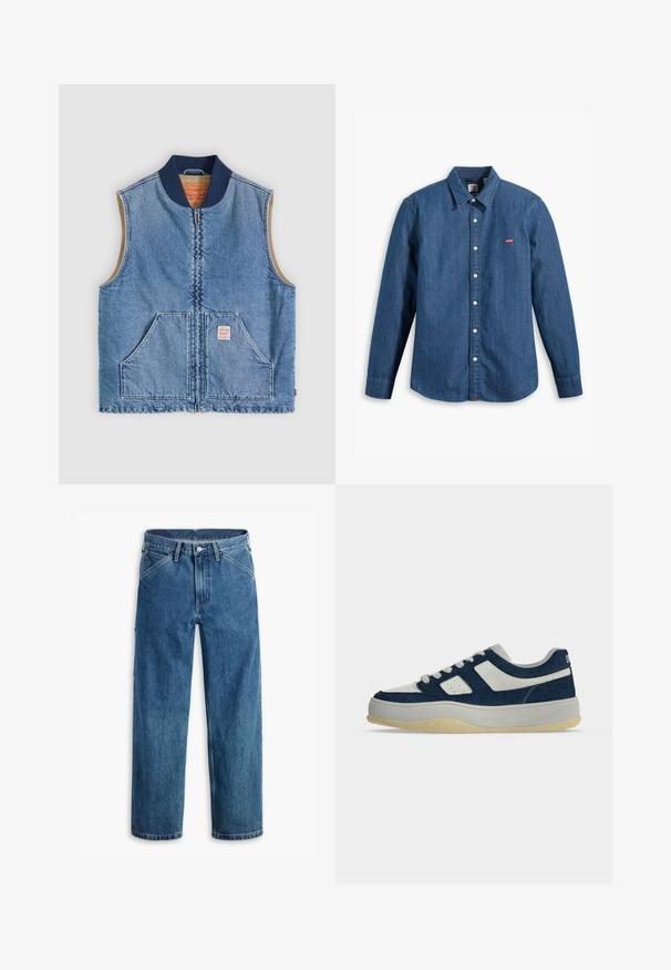 Mouwloos lichtblauw denimvest met ritssluiting aan de voorkant, twee schuine zakken, marineblauwe kraag en beige voering.; Donkerblauwe spijkerblouse met lange mouwen, kraag en knoopsluiting. Beschikt over een klein rood Levi's-logo op de borst. Glad materiaal.; Blauwe denim jeans met rechte pijpen, voorzakken, riemlussen, metalen knoop en rits aan de voorkant, op een witte achtergrond.; Lage sneaker met witte en donkerblauwe panelen, witte veters en een dikke beige zool, getoond in zijprofiel op een effen achtergrond.