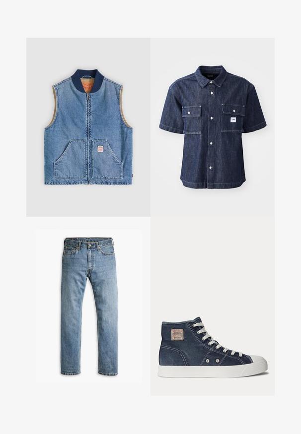 Ærmeløs lys blå denimvest med lynlås foran, to skrånende lommer, marineblå krave og beige inderfor.; Mørkeblå denim skjorte med korte ærmer og knaplukning i front, med to brystlommer og et lille logo-patch nær venstre lomme.; Blå straight-leg denim jeans med fem lommer, bæltestropper og metalknaplukning på en hvid baggrund.; Marineblå højtop-sneaker med hvide snørebånd, hvid gummisål, metaløjer og et lille beige mærke på ankelen.