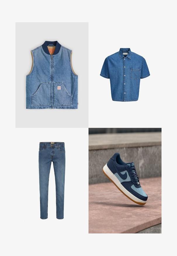 Mouwloos lichtblauw denimvest met ritssluiting aan de voorkant, twee schuine zakken, marineblauwe kraag en beige voering.; Blauw denim overhemd met korte mouwen, knoopsluiting aan de voorkant, één borstzak en klassieke kraag.; Blauwe denim jeans met een slim fit, vijf zakken, een knoop- en ritssluiting en contrasterende stiksels. Gladde textuur met een vervaagd uiterlijk.; Blauwe en marineblauwe Nike Air Force 1 sneaker met lichtblauwe accenten en een zool van rubber, zwevend in de lucht boven een stenen oppervlak.