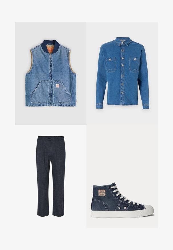 Bezrukávová svetlomodrá rifľová vesta s predným zipsom, dvoma šikmými vreckami, námorníckym golierom a béžovou vnútornou podšívkou.; Denim Project DPMDPLOOSE OVERSIZED DENIM SHIRT - Košeľa - mid blue washed; Námornícke modré nohavice vyrobené z textúrovanej tkaniny, s plochým predným dielom, zapínaním na gombík a rovnými nohavicami s jemnými, svetlými vzormi.; Tmavomodrá členková teniska s bielymi šnúrkami, bielou gumovou podrážkou, kovovými očkami a malou béžovou značkou v oblasti členku.