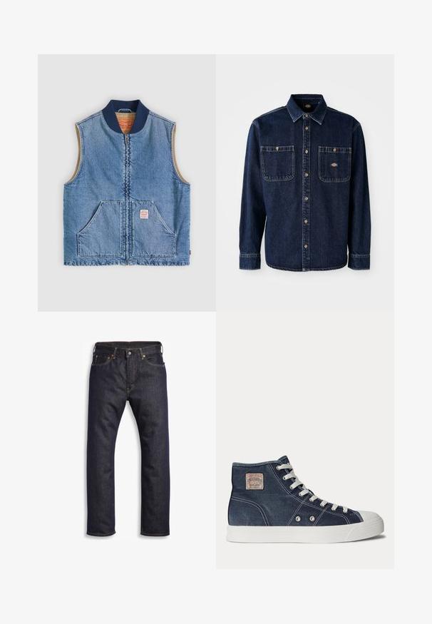 Mouwloos lichtblauw denimvest met ritssluiting aan de voorkant, twee schuine zakken, marineblauwe kraag en beige voering.; Donkerblauwe spijkerblouse met een kraag, sluiting met knopen aan de voorkant, twee borstzakken, gouden knopen en zichtbare stiksels. Bevat een merklogo.; Donkerblauwe denim jeans met rechte snit, vijf zakken, metalen hardware en contrasterende oranje stiksels. Glad oppervlak, geen zichtbare patronen.; Marineblauwe hoge sneaker met witte veters, witte rubberen zool, metalen oogjes en een klein beige merklabel op het enkelgebied.