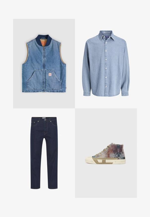Ærmeløs lys blå denimvest med lynlås foran, to skrånende lommer, marineblå krave og beige inderfor.; Lysblå denim skjorte med lange ærmer og knapper, med krave og hvide knapper, præsenteret mod en helt hvid baggrund.; Mørkeblå denim jeans med lige snit, der har lys syning, fem lommer og en knaplukning ved livet. Glat tekstur.; Høje sneakers med en multifarvet lærredsoverdel med falmede mønstre, beige sål og minimalistisk design. Eksponeret syning og detaljer.
