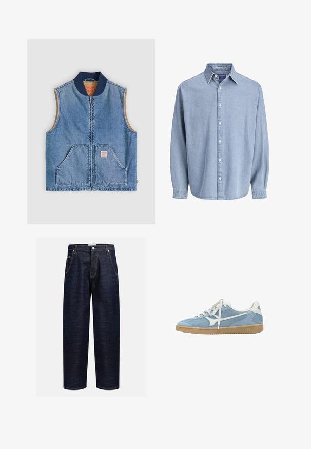 Veste sans manches en denim bleu clair avec fermeture éclair frontale, deux poches inclinées, col bleu marine et doublure intérieure beige.; Chemise en denim bleu clair à manches longues avec col et boutons blancs, présentée sur un fond blanc uni.; Jeans en denim foncé avec une coupe droite, dotés de cinq poches, de rivets en cuivre et de coutures contrastantes le long des coutures.; Baskets basses bleu clair et blanc avec tige en mesh et daim, lacets blancs et semelle en gomme.