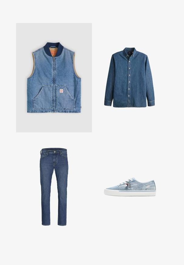 Ærmeløs lys blå denimvest med lynlås foran, to skrånende lommer, marineblå krave og beige inderfor.; Denim button-up skjorte i mellemblå, med lange ærmer, spidse kraver, hvide knapper og en tætsiddende pasform med diskret logo broderi.; Herre blå denim jeans med lige ben-design, fem lommers styling og klassisk knap- og lynlåslukning.; Lavtopet sneaker i lyseblåt denim med hvid gummisål, hvide snørebånd og dekorative charms, der hænger fra de sideplacerede snørehuller.