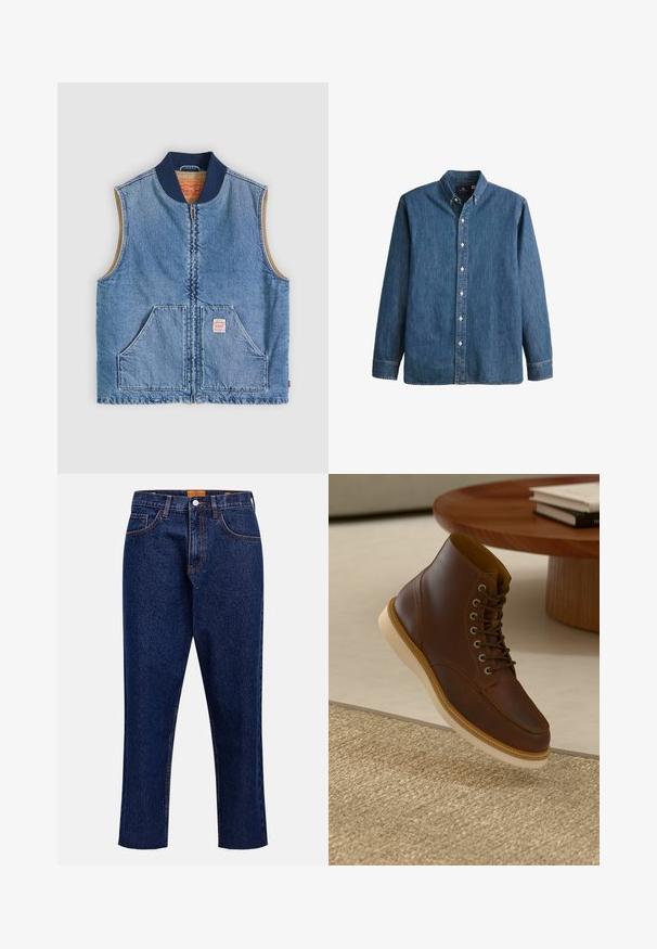 Ærmeløs lys blå denimvest med lynlås foran, to skrånende lommer, marineblå krave og beige inderfor.; Denim button-up skjorte i mellemblå, med lange ærmer, spidse kraver, hvide knapper og en tætsiddende pasform med diskret logo broderi.; Mørkeblå denimjeans med lige snit, høj talje, fem lommer og frynset kant. Kontrastsyning og detalje med knaplukning.; Brune læderankelstøvle med beige sål på et struktureret beige tæppe ved siden af et rundt træbord med stakke af bøger.