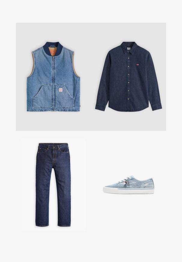 Ærmeløs lys blå denimvest med lynlås foran, to skrånende lommer, marineblå krave og beige inderfor.; Mørkeblå denim skjorte med lange ærmer, knapper for, spids krave og lille rødt Levi's-logo på venstre bryst.; Mørkeblå straight-leg denim jeans med frontknap, lynlås, fem lommer og detaljer i kobbernitter.; Lavtopet sneaker i lyseblåt denim med hvid gummisål, hvide snørebånd og dekorative charms, der hænger fra de sideplacerede snørehuller.