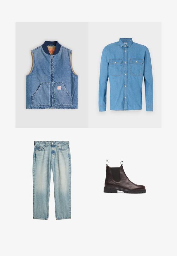 Ærmeløs lys blå denimvest med lynlås foran, to skrånende lommer, marineblå krave og beige inderfor.; Lysblå denimskjorte med lange ærmer, knaplukning foran, to brystlommer, spids krave og gyldne knapper. Glat tekstur, afslappet design.; Lyseblå denimjeans med straight ben, fem-lomme design og en falmet finish. Har knap- og lynlåslukning.; Brune læder Chelsea-støvle med elastiske sidepaneler, struktureret finish og robust sort gummisål med notcher for greb.