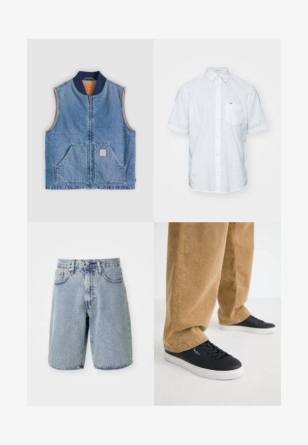 Ærmeløs lys blå denimvest med lynlås foran, to skrånende lommer, marineblå krave og beige inderfor.; Hvid kortærmet skjorte lavet af hør, med knapned krave, forlommer og subtile stikninger.; Lyseblå denimshorts med høj talje, lige snit, frynset kant, fem lommer og knaplukning. Slidt tekstur synlig.; Sorte lædersneakers med hvide gummisåler. Båret med tanfarvede corduroybukser med vertikale ribber og en afslappet pasform.