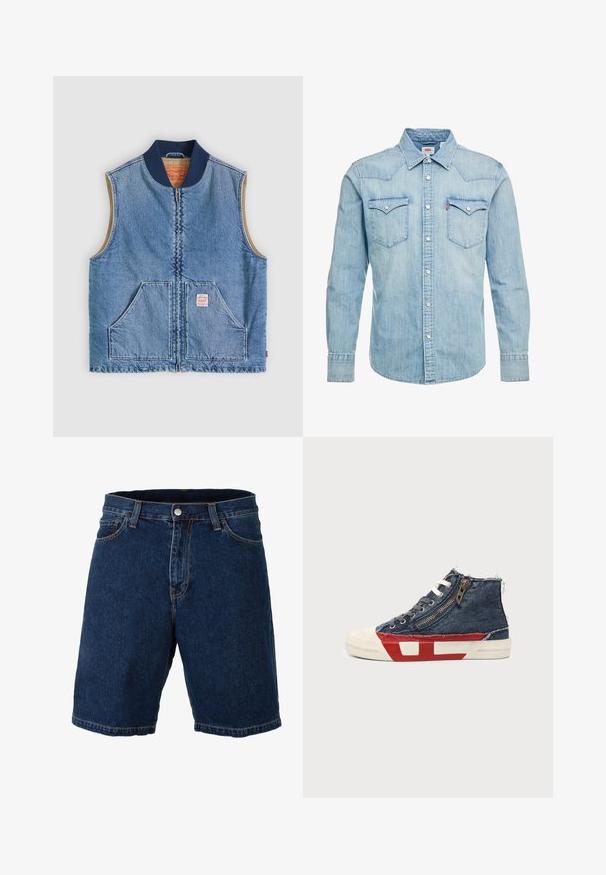 Mouwloos lichtblauw denimvest met ritssluiting aan de voorkant, twee schuine zakken, marineblauwe kraag en beige voering.; Levi's® BARSTOW WESTERN STANDARD - Overhemd - red cast stone; Denim shorts in donkerblauw met een rechte snit, reguliere tailleband en metalen knoopsluiting; heeft contrasterende gele stiksels en zoom.; High-top sneaker met blauwe denimstof, witte veters, zijrits en rood-wit zoolontwerp op een effen achtergrond.