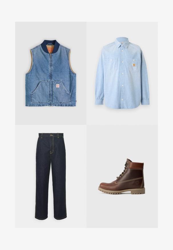 Mouwloos lichtblauw denimvest met ritssluiting aan de voorkant, twee schuine zakken, marineblauwe kraag en beige voering.; Lichtblauw overhemd met lange mouwen en knopen, met twee voorzakken, waarvan één met een Carhartt-logo patch en subtiele witte verfspatten.; Wijde donkerblauwe spijkerbroek met gele stiksels, voorzien van een knoopsluiting aan de voorkant en zijzakken. Glad van textuur en met een traditioneel ontwerp.; Bruine leren veterschoen tot de enkel met gevoerde kraag, contrasterende stiksels en een robuuste zool, getoond vanaf de buitenkant op een witte achtergrond.