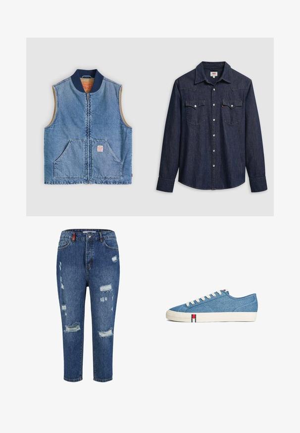 Ærmeløs lys blå denimvest med lynlås foran, to skrånende lommer, marineblå krave og beige inderfor.; Mørkeblå denimskjorte med spids krave, trykknapper og brystlommer. Har syningsdetaljer og lange ærmer.; Blå denimjeans med slidte områder, herunder store huller og frynsede kanter. Har et klassisk fem-lomme design og en knaplukning.; Lavskoet sneaker med blå denimoverdel, hvide snørebånd, cremefarvet gummisål og lille Tommy Jeans-logo nær sålen og tungen.