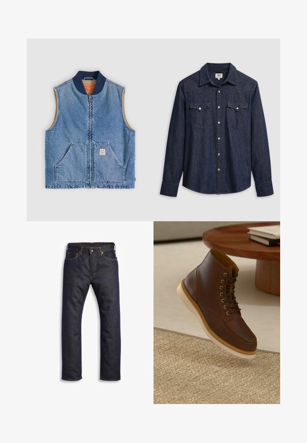 Ærmeløs lys blå denimvest med lynlås foran, to skrånende lommer, marineblå krave og beige inderfor.; Mørkeblå denimskjorte med spids krave, trykknapper og brystlommer. Har syningsdetaljer og lange ærmer.; Mørkeblå denimjeans med lige snit, fem-lomme design, metalbeslag og kontrasterende orange syninger. Glat tekstur, ingen synlige mønstre.; Brune læderankelstøvle med beige sål på et struktureret beige tæppe ved siden af et rundt træbord med stakke af bøger.