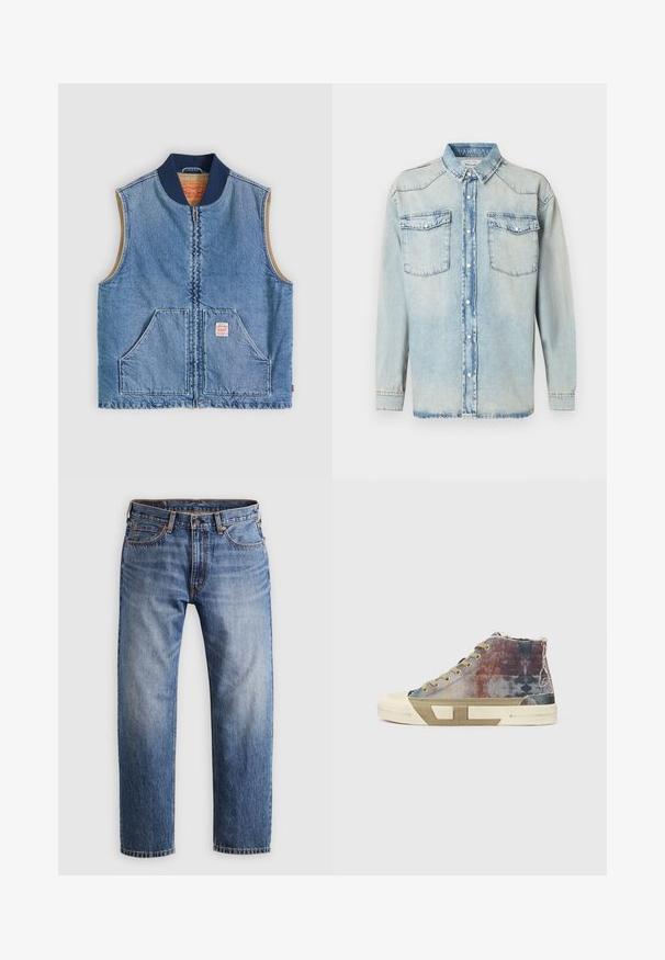 Mouwloos lichtblauw denimvest met ritssluiting aan de voorkant, twee schuine zakken, marineblauwe kraag en beige voering.; Lichtblauw denim overhemd met lange mouwen, twee borstzakken, knoopsluiting en een klassieke kraag. Verbleekte textuur overal.; Rechtemodel blauwe denim jeans met een knoop- en ritssluiting, vijf zakken en oranje stiksels op een lichtgrijze achtergrond.; High-top sneakers met een meerkleurig canvas bovenwerk met vervaagde patronen, beige zool en een minimalistisch ontwerp. Blootgestelde stiksels en accenten.