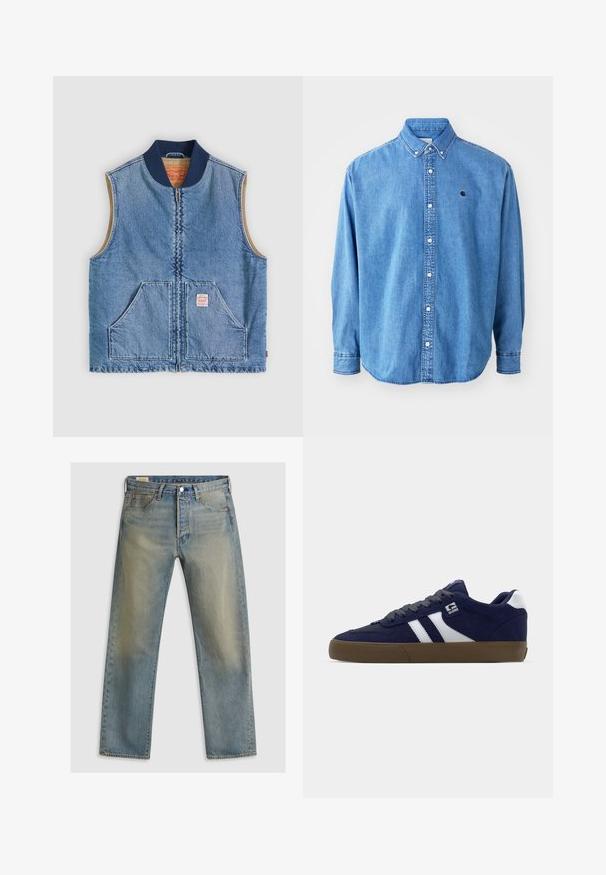 Veste sans manches en denim bleu clair avec fermeture éclair frontale, deux poches inclinées, col bleu marine et doublure intérieure beige.; Chemise en denim, couleur bleu clair, avec un col pointu, des manches longues et un petit logo sur la poitrine. Comprend des boutons blancs et des coutures brodées.; Jean en denim bleu clair, coupe droite, avec un lavage délavé, fermeture à bouton en métal et coutures orange sur les poches.; Baskets en daim bleu marine avec des rayures blanches, des lacets gris et une semelle en caoutchouc brun texturé. Présente un logo sur le côté et un col rembourré.