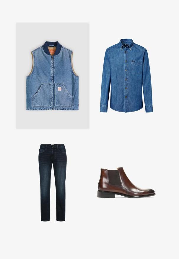 Mouwloos lichtblauw denimvest met ritssluiting aan de voorkant, twee schuine zakken, marineblauwe kraag en beige voering.; Blauw denim overhemd met lange mouwen, knoopkraag en borstzak, met zichtbare gele knopen en een klein label op de zak.; Donker gewassen denim jeans met een rechte pijp, voorzien van vijf zakken, een knopenritsing en subtiele vervaging langs de dijen.; Bruine leren enkellaars met elastische zijkanten, een gladde afwerking, gestikte details en een lage rechthoekige hak.