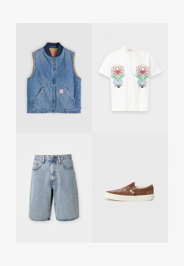 Sleeveless light blue denim vest with front zipper, two angled pockets, navy collar, and beige inner lining.; White short-sleeve button-up shirt with red, yellow, green, blue, and black floral embroidery on both sides of the chest.; Light blue denim shorts with a high waist, straight cut, frayed hem, five pockets, and button closure. Distressed texture visible.; Vans CLASSIC SLIP ON UNISEX - Trainers - potting soil/marshmallow