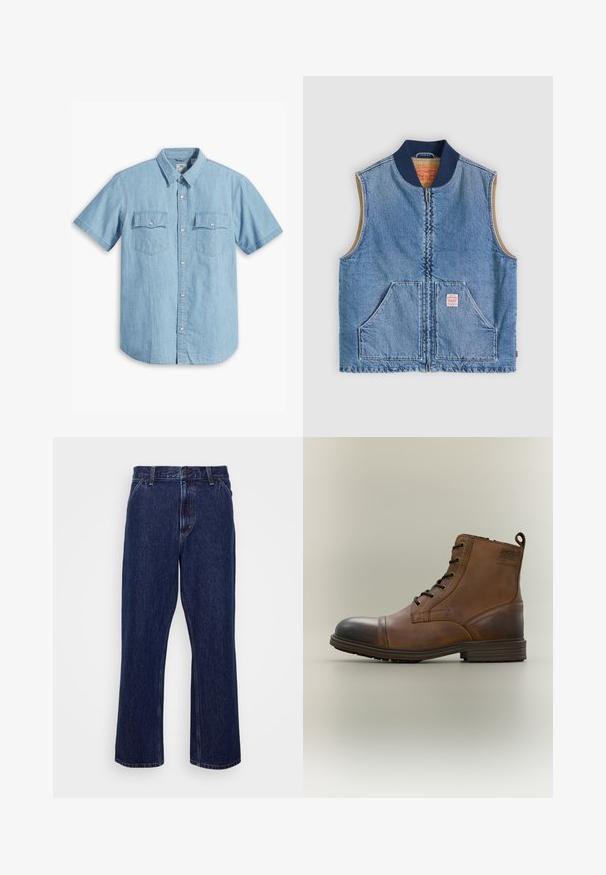 Ærmeløs lys blå denimvest med lynlås foran, to skrånende lommer, marineblå krave og beige inderfor.; Lyseblå kortærmet skjorte med knaplukning lavet af denim, med to brystlommer med lodret syning og en klassisk krave.; Mørkeblå denim jeans med lige ben-design, der har knaplukning, fem lomme-stil og diskrete syninger.; Brun læderstøvle med snørebånd, sort tåhætte, rund sål og mærket detalje på siden mod ensfarvet baggrund.