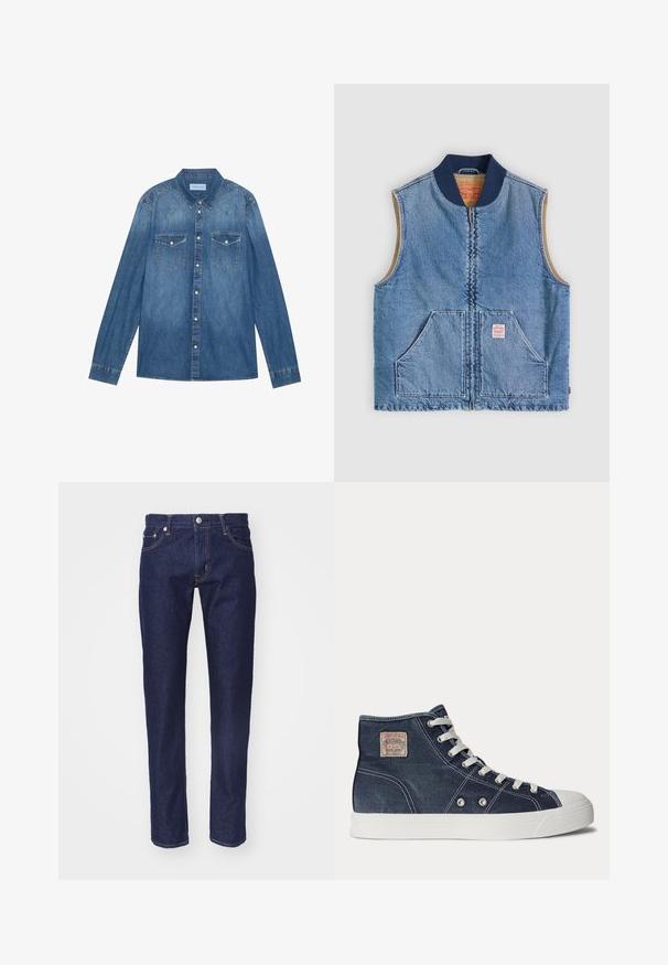 Ærmeløs lys blå denimvest med lynlås foran, to skrånende lommer, marineblå krave og beige inderfor.; Mørkeblå denimskjorte med lange ærmer, klassisk krave, knaplukning fortil, to brystlommer og kontrasterende stiklinger på sømmene.; Mørkeblå denim jeans med lige pasform, fem-lomme design, kontrasterende orange syninger og en sølvknaplukning i taljen.; Marineblå højtop-sneaker med hvide snørebånd, hvid gummisål, metaløjer og et lille beige mærke på ankelen.
