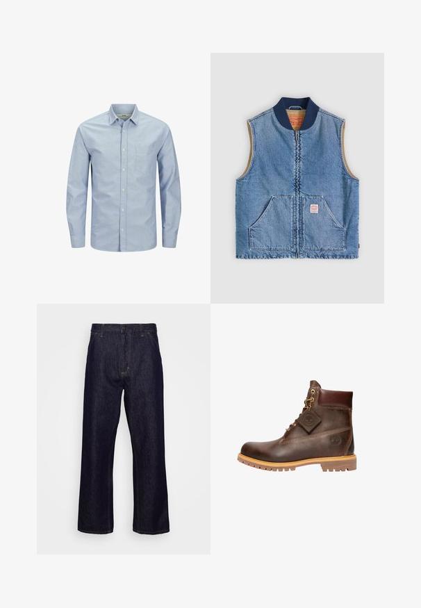 Chaleco sin mangas de mezclilla azul claro con cremallera frontal, dos bolsillos inclinados, cuello azul marino y forro interior beige.; Camisa de botones de manga larga azul claro con un bolsillo en el pecho izquierdo. Hecha de una tela suave con una textura lisa y un sutil detalle de logo.; Jeans de mezclilla de pierna recta en azul oscuro con bolsillos frontales, trabillas para el cinturón, cierre de cremallera y botón, mostrados sobre un fondo blanco liso.; Botín de cuero marrón hasta el tobillo con punta redonda, suela resistente, herrajes en tono dorado y parte superior texturizada. Incluye una etiqueta con el logo adjunta.